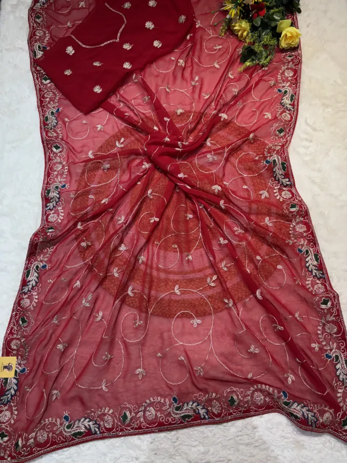 NEELAM TRADERS NEW LAUNCH Jaal work saree with peacock Design Border All over RED