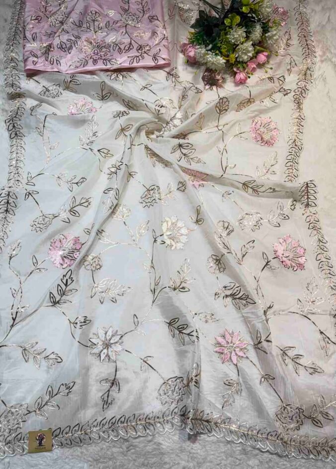 NEELAM TRADERS NEW LAUNCH TRENDING ZAAL WORK SAREE IN H.O SILK FABRIC WHITE