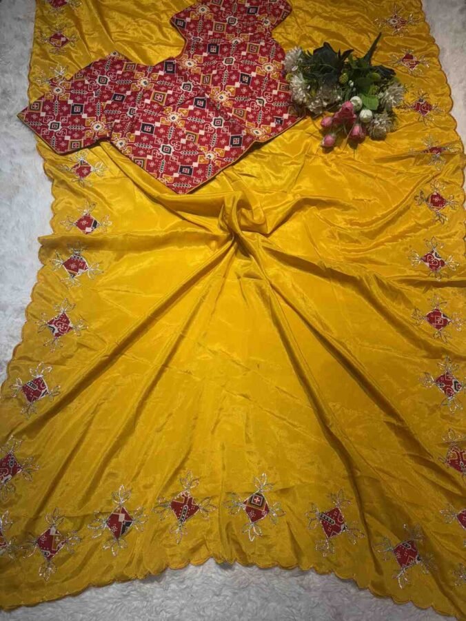 NEELAM TRADERS NEW LAUNCH PATOLA PRINT STITCHED BLOUSE SAREE IN SILK FABRIC YELLOW
