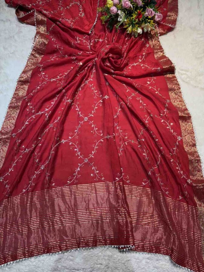 NEELAM TRADERS NEW LAUNCH Zaal work saree with chit pallu in russian silk fabric RED