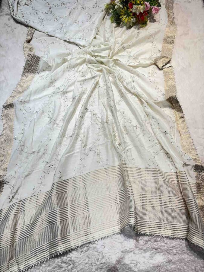 NEELAM TRADERS NEW LAUNCH Zaal work saree with chit pallu in russian silk fabric WHITE