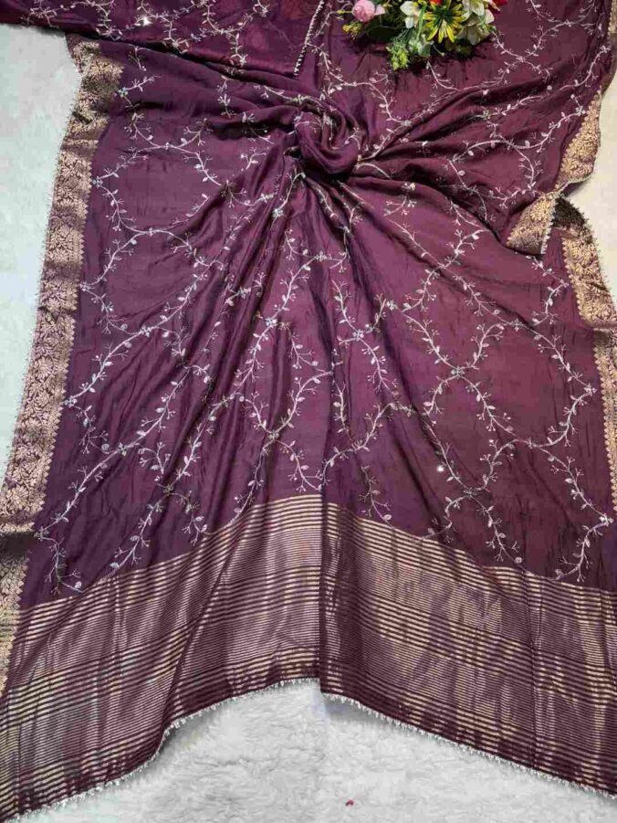 NEELAM TRADERS NEW LAUNCH Zaal work saree with chit pallu in russian silk fabric WINE