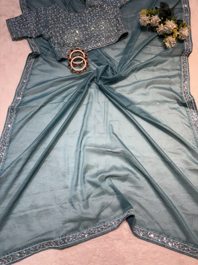 NEELAM TRADERS NEW LAUNCH TRENDING Party wear Stitched blouse saree with hand moti work in soft Georgette fabric FIROZI