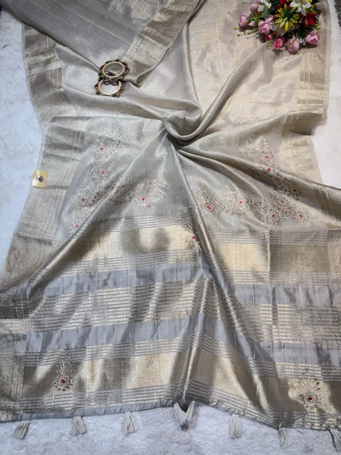 NEELAM TRADERS NEW LAUNCH TRENDING  Budget friendly saree in Cotton Silk Fabric with pithan work all over GRAY