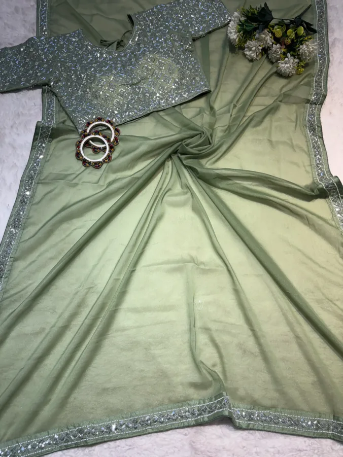 NEELAM TRADERS NEW LAUNCH TRENDING Party wear Stitched blouse saree with hand moti work in soft Georgette fabric GREEN