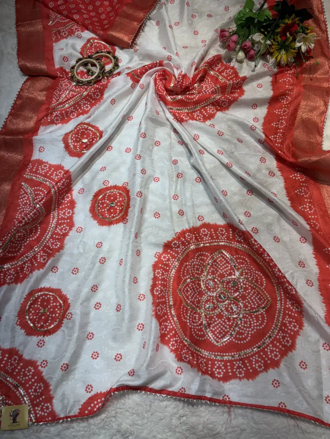 NEELAM TRADERS NEW LAUNCH TRENDING FAGANIYA SPECIALORANGE WHITE SAREE WITH KACHA GOTA WORK IN SOFT SILK FABRIC