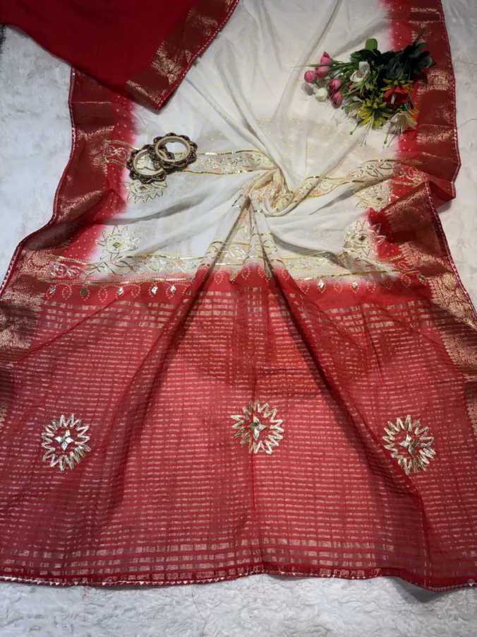 NEELAM TRADERS NEW LAUNCH TRENDING FAGANIYA SPECIAL WHITE RED SAREE WITH KACHA GOTA WORK IN SOFT SILK FABRIC