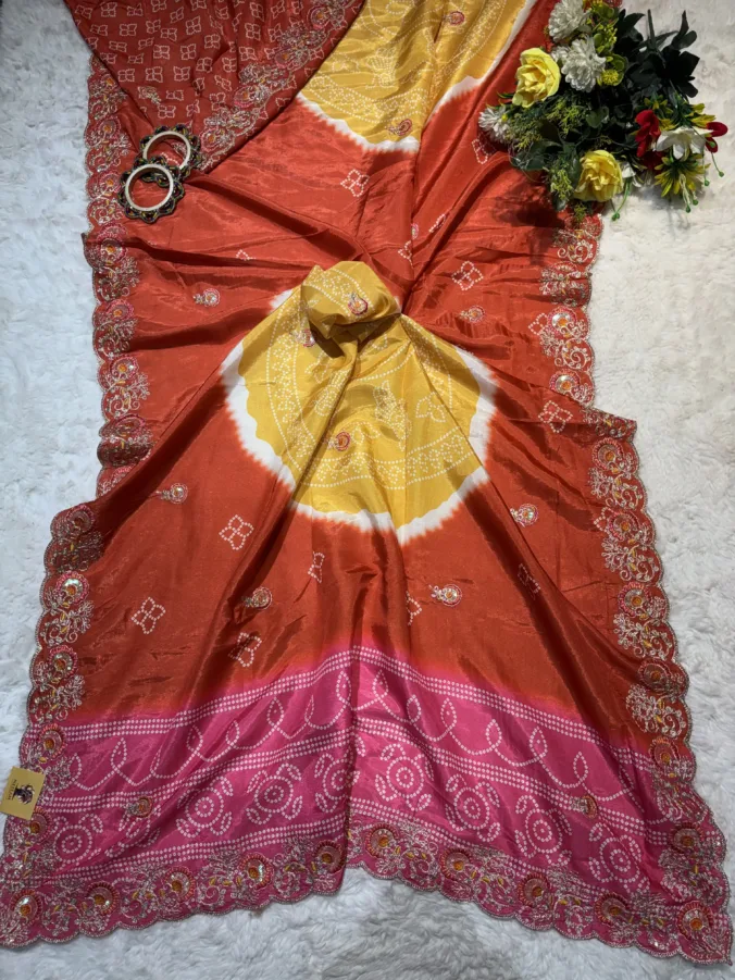 NEELAM TRADERS NEW LAUNCH TRENDING BANDHEJ SAREE WITH TRENDING PITHAN WORK