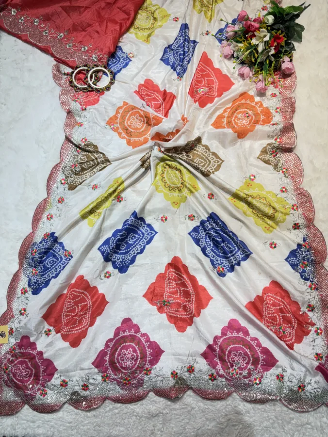 NEELAM TRADERS NEW LAUNCH TRENDING holi special Rasmandal saree with kasida work all over and chakra bandhej pattern