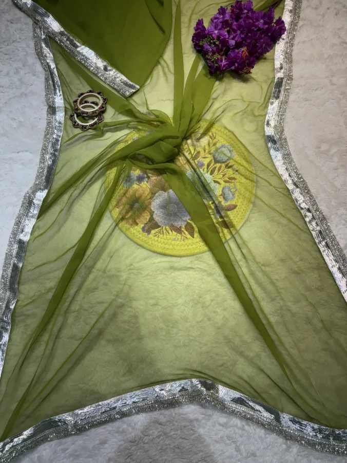 NEELAM TRADERS NEW LAUNCH TRENDING Ankita lokhande Saree in soft georgette fabric MAHENDI GREEN