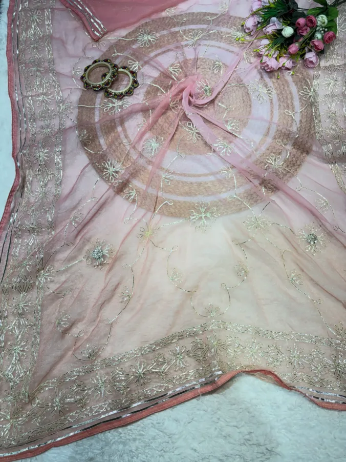 NEELAM TRADERS NEW LAUNCH TRENDING KACHA GOTTA WORK IN SIMMER CHIFFON FABRIC PEACH