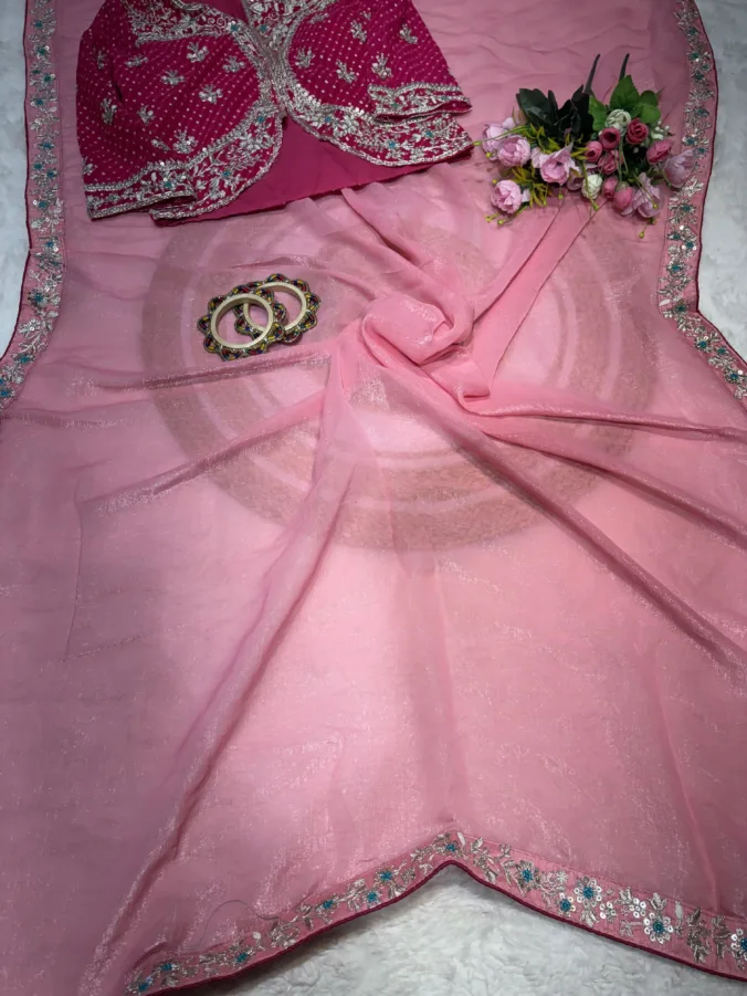 NEELAM TRADERS NEW LAUNCH TRENDING BANDHEJ MOTHDA STITCHED BLOUSE WITH TRENDING KASAB WORK SAREE IN SOFT SILK FABRIC PINK