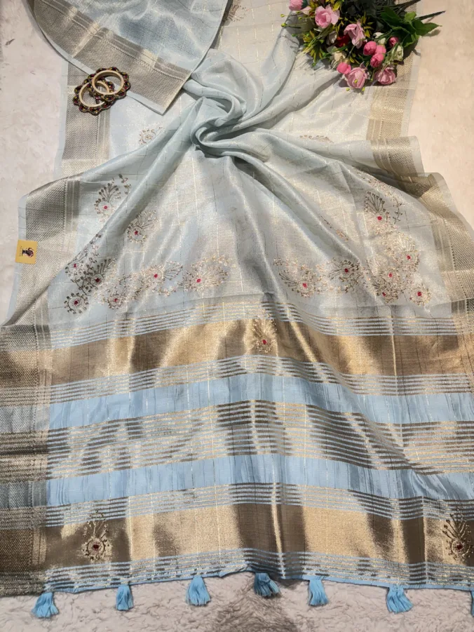 NEELAM TRADERS NEW LAUNCH TRENDING  Budget friendly saree in Cotton Silk Fabric with pithan work all over SKY BLUE