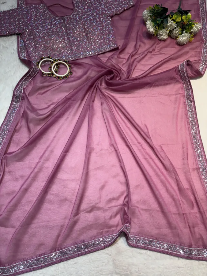 NEELAM TRADERS NEW LAUNCH TRENDING Party wear Stitched blouse saree with hand moti work in soft Georgette fabric WINE
