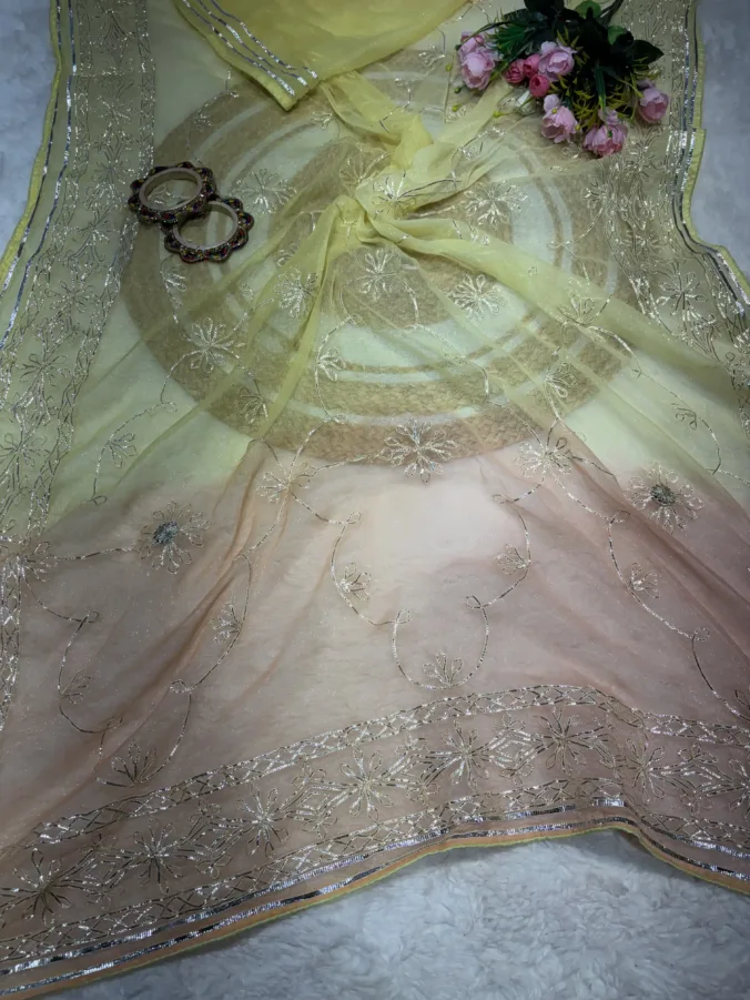 NEELAM TRADERS NEW LAUNCH TRENDING KACHA GOTTA WORK IN SIMMER CHIFFON FABRIC YELLOW