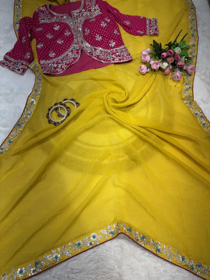 NEELAM TRADERS NEW LAUNCH TRENDING BANDHEJ MOTHDA STITCHED BLOUSE WITH TRENDING KASAB WORK SAREE IN SOFT SILK FABRIC YELLOW