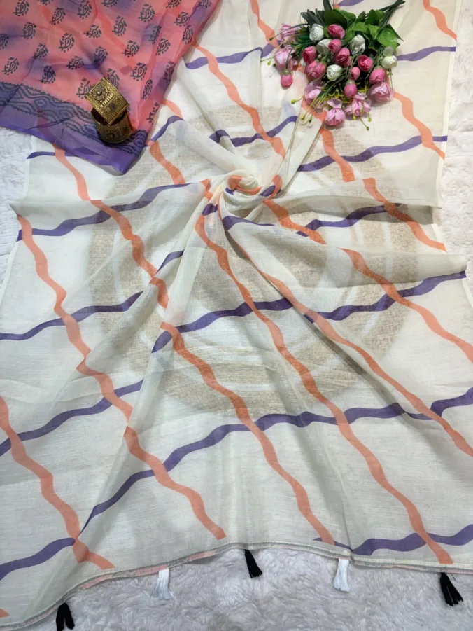 NEELAM TRADERS NEW LAUNCH TRENDING Linen Saree in lahar design for regular wear