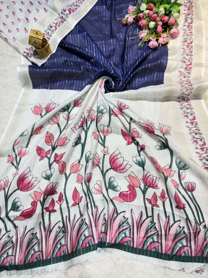 NEELAM TRADERS NEW LAUNCH TRENDING Latest blue and white combination saree with kalamari print all over