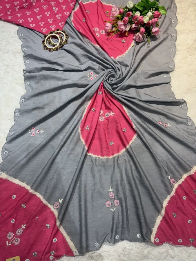 NEELAM TRADERS NEW LAUNCH TRENDING Latest designer saree in gray and pink combination with handwork all over
