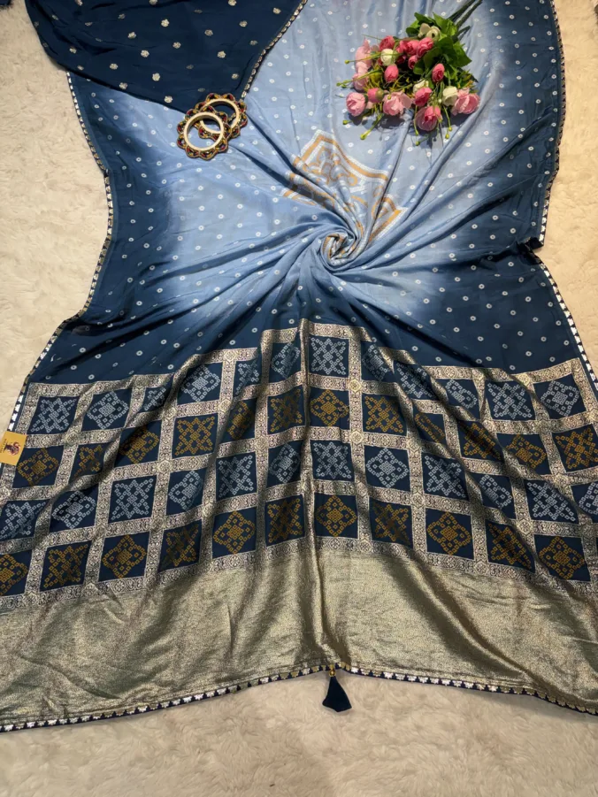 NEELAM TRADERS NEW LAUNCH TRENDING bandhej saree with ghatchola pattern in multicolour consept