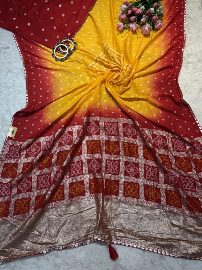 NEELAM TRADERS NEW LAUNCH TRENDING bandhej saree with ghatchola pattern in multicolour consept