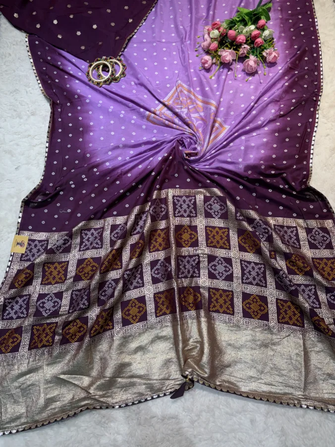 NEELAM TRADERS NEW LAUNCH TRENDING bandhej saree with ghatchola pattern in multicolour consept