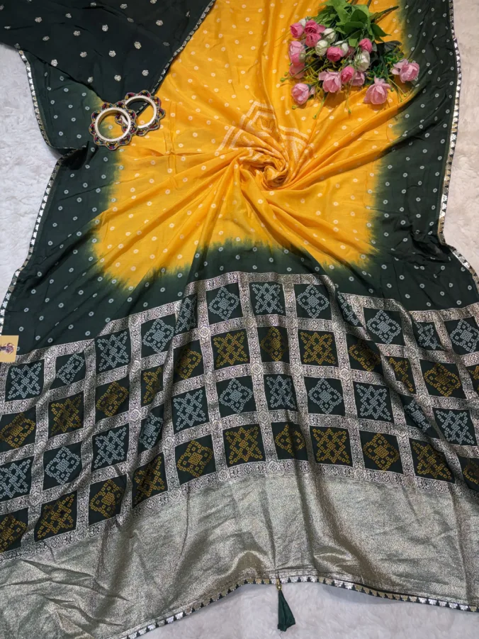 NEELAM TRADERS NEW LAUNCH TRENDING bandhej saree with ghatchola pattern in multicolour consept