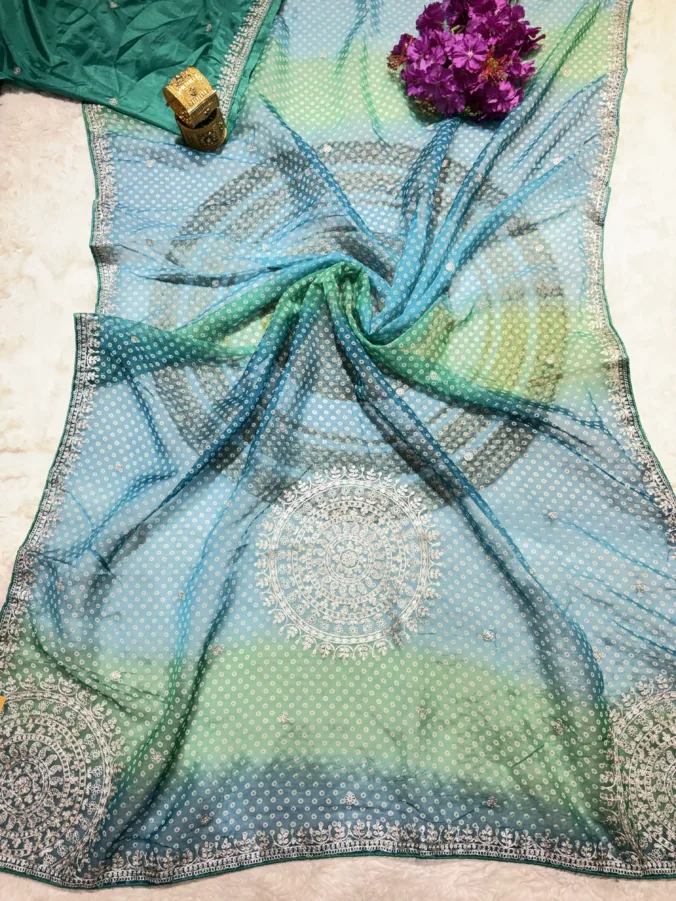 NEELAM TRADERS NEW LAUNCH TRENDING multicolour shade bandhej saree with trending pithan work all over