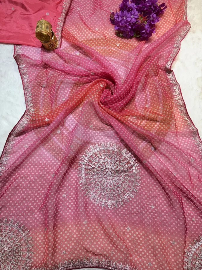 NEELAM TRADERS NEW LAUNCH TRENDING multicolour shade bandhej saree with trending pithan work all over