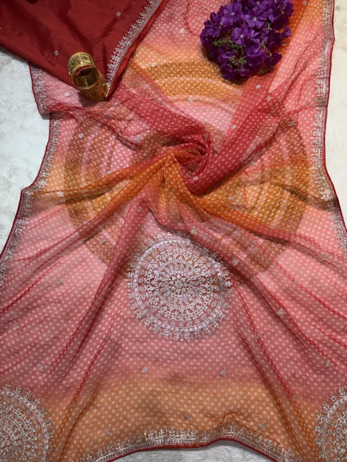 NEELAM TRADERS NEW LAUNCH TRENDING multicolour shade bandhej saree with trending pithan work all over