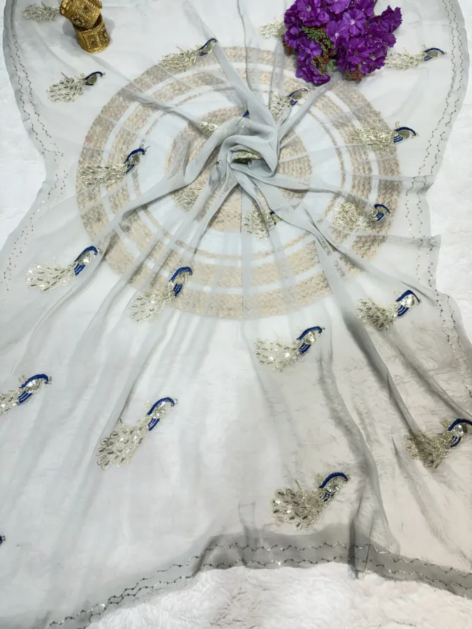 NEELAM TRADERS NEW LAUNCH TRENDING Peacock Work Saree Without Blouse In Soft Chiffon Fabric