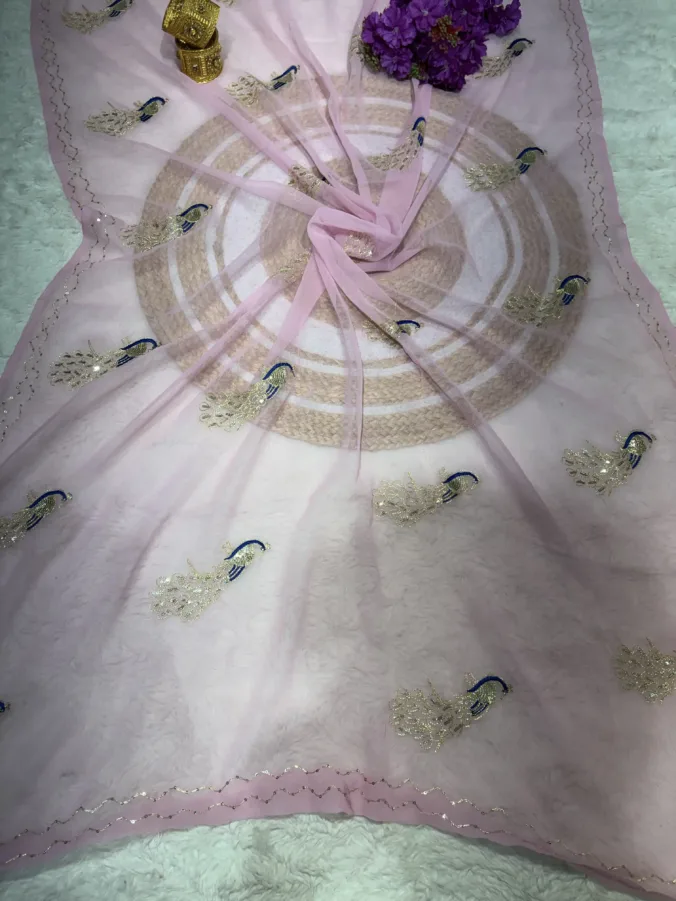 NEELAM TRADERS NEW LAUNCH TRENDING Peacock Work Saree Without Blouse In Soft Chiffon Fabric