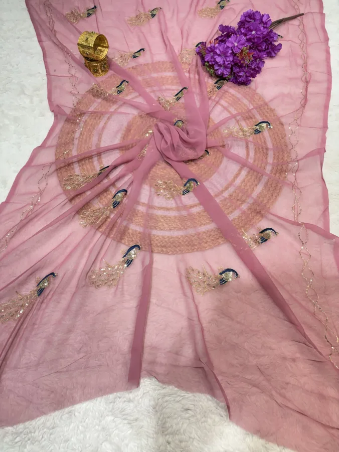 NEELAM TRADERS NEW LAUNCH TRENDING Peacock Work Saree Without Blouse In Soft Chiffon Fabric