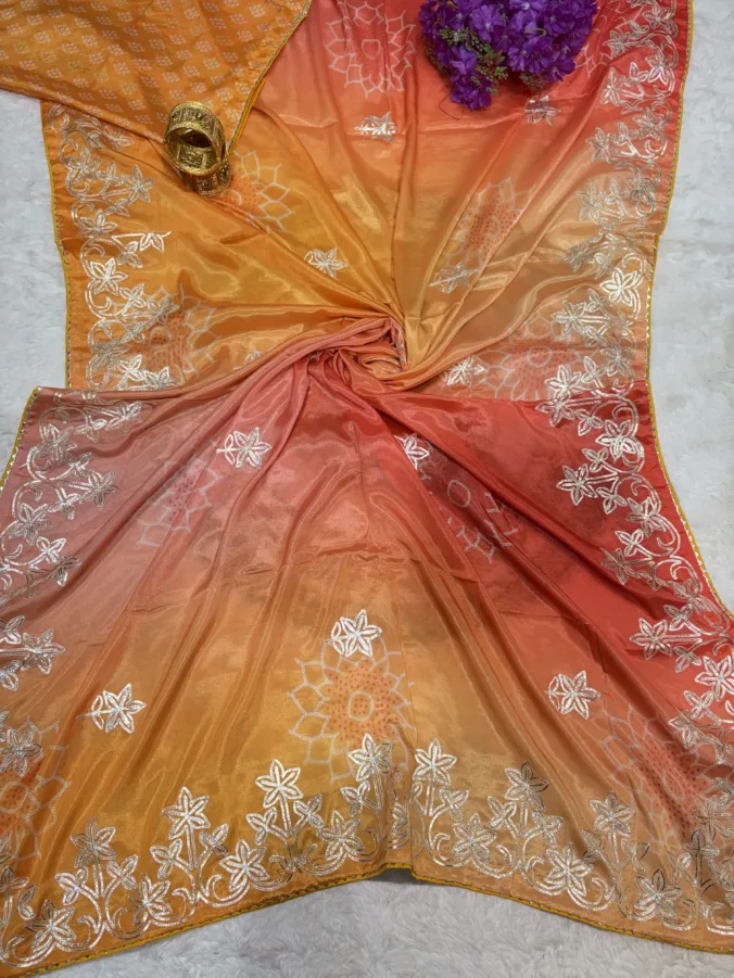 NEELAM TRADERS NEW LAUNCH Trending Multicolour Bandhej saree with kacha gota work in soft silk fabric