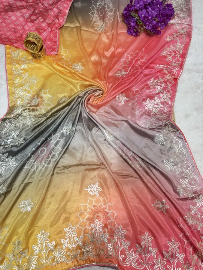NEELAM TRADERS NEW LAUNCH Trending Multicolour Bandhej saree with kacha gota work in soft silk fabric