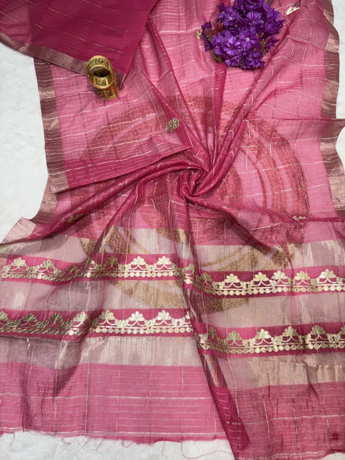 NEELAM TRADERS NEW LAUNCH Trending Moonga silk fabric saree with handmand gotta patti work with zari checks all over