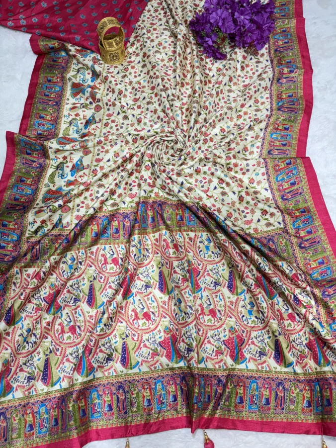 NEELAM TRADERS NEW LAUNCH Position print saree with kalmakari pallu and kalamkari border in soft silk fabric with latkan