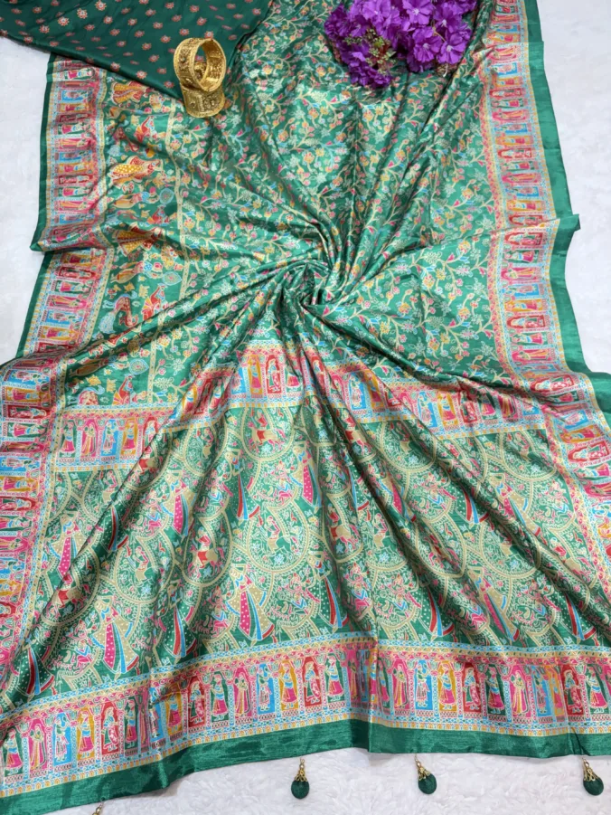 NEELAM TRADERS NEW LAUNCH Position print saree with kalmakari pallu and kalamkari border in soft silk fabric with latkan