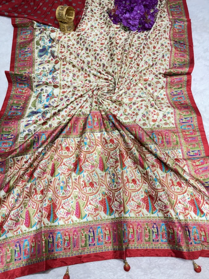 NEELAM TRADERS NEW LAUNCH Position print saree with kalmakari pallu and kalamkari border in soft silk fabric with latkan