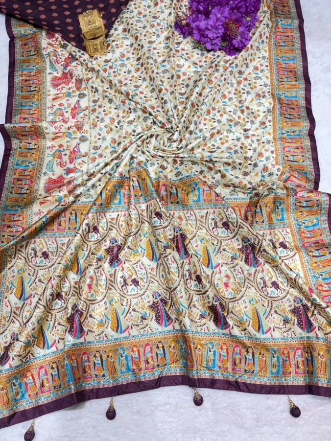NEELAM TRADERS NEW LAUNCH Position print saree with kalmakari pallu and kalamkari border in soft silk fabric with latkan