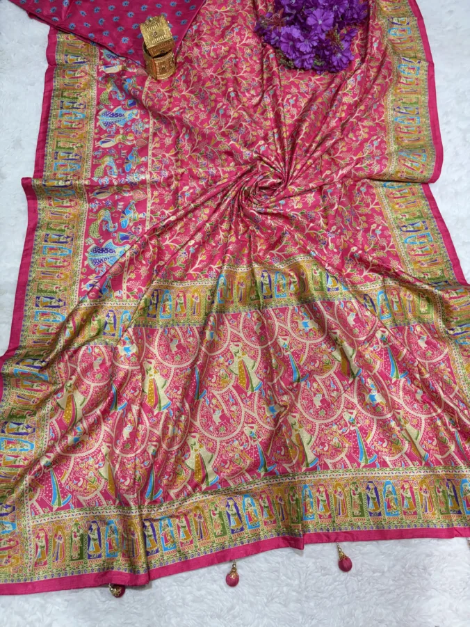 NEELAM TRADERS NEW LAUNCH Position print saree with kalmakari pallu and kalamkari border in soft silk fabric with latkan