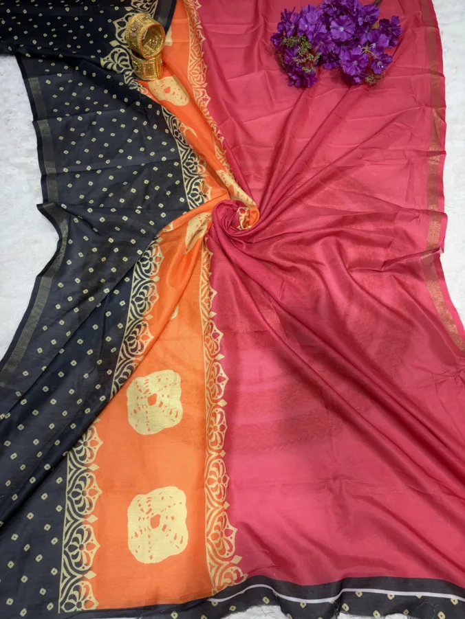 NEELAM TRADERS NEW LAUNCH 3 Colour dye bandhej saree with zari weaving border all over
