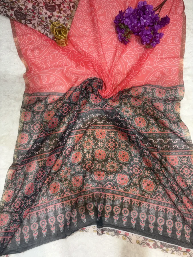 NEELAM TRADERS NEW LAUNCH Bandhej saree with ajrak pallu and ajrak blouse