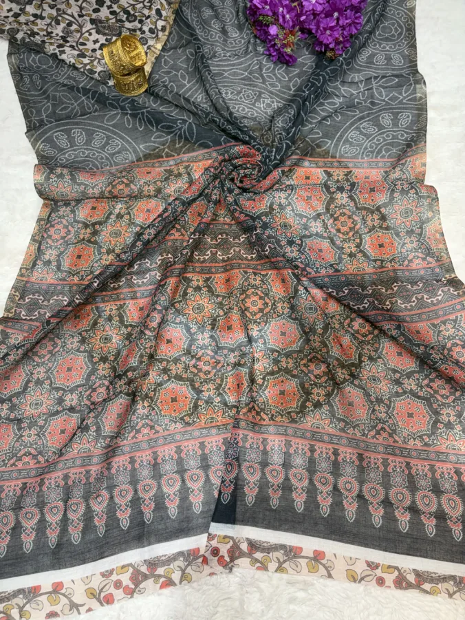 NEELAM TRADERS NEW LAUNCH Bandhej saree with ajrak pallu and ajrak blouse