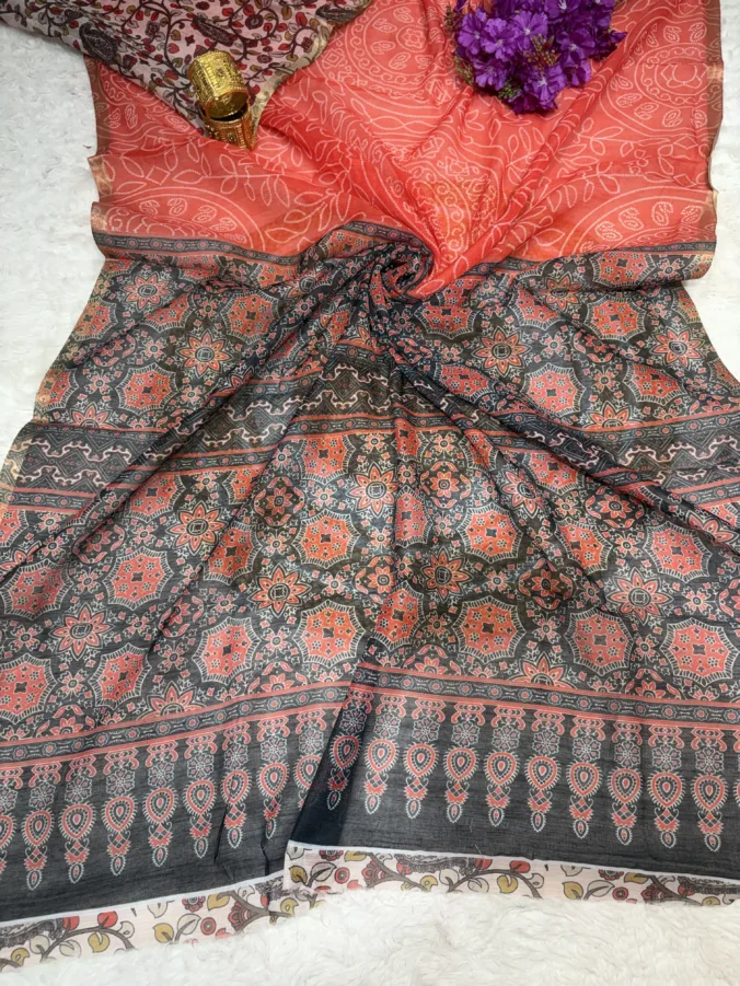 NEELAM TRADERS NEW LAUNCH Bandhej saree with ajrak pallu and ajrak blouse