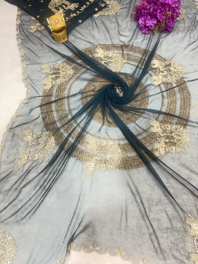 NEELAM TRADERS NEW LAUNCH Partywear figure print saree with hand zari work all over in chiffon fabric