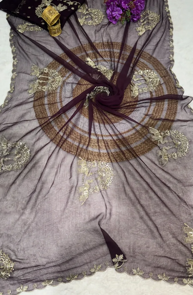 NEELAM TRADERS NEW LAUNCH Partywear figure print saree with hand zari work all over in chiffon fabric