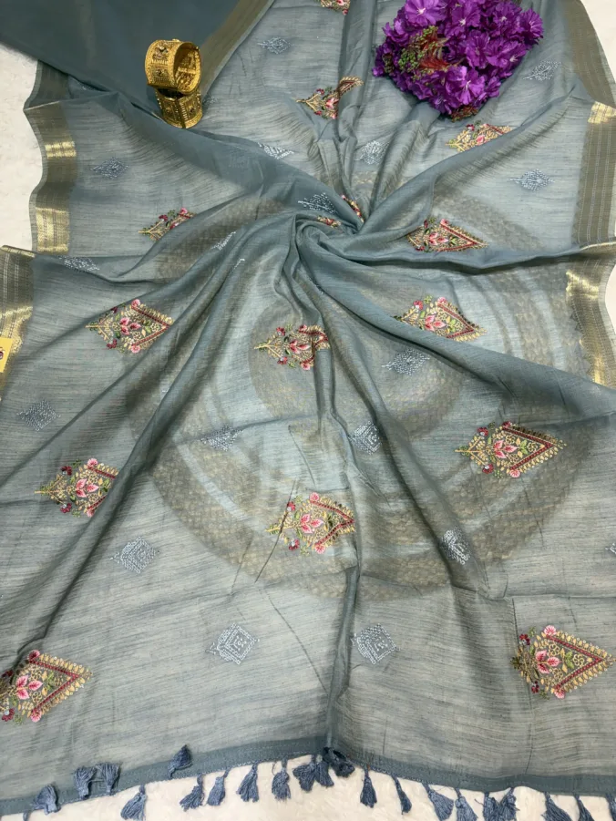 NEELAM TRADERS NEW LAUNCH Partywear saree with kasida butta work all over in cotton fabric with zari weaving border