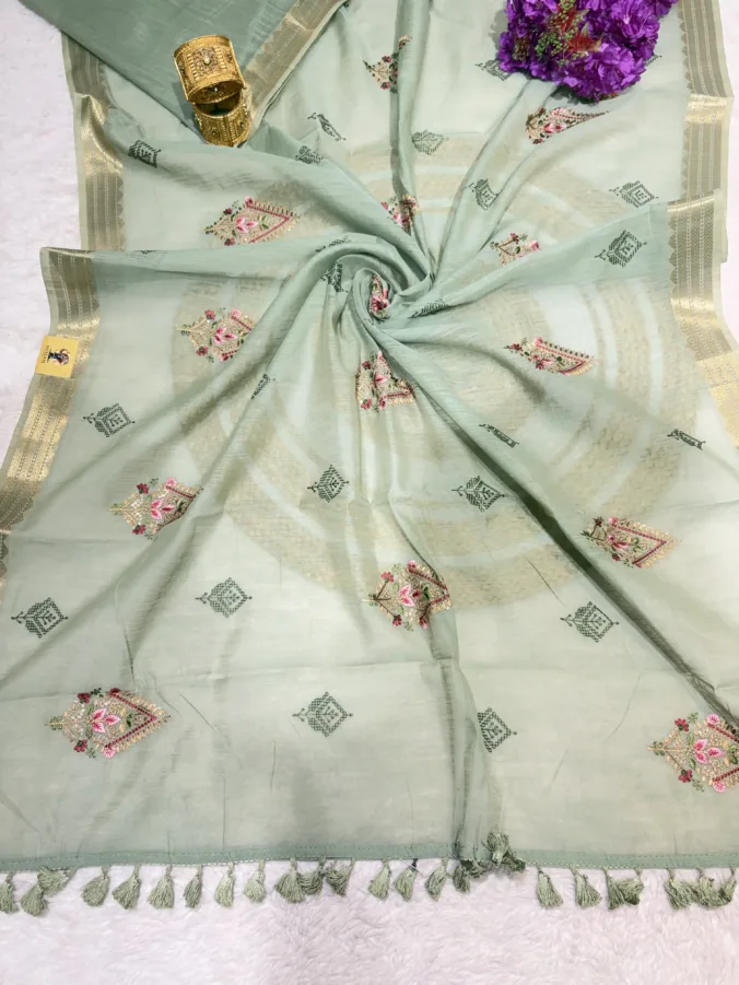 NEELAM TRADERS NEW LAUNCH Partywear saree with kasida butta work all over in cotton fabric with zari weaving border