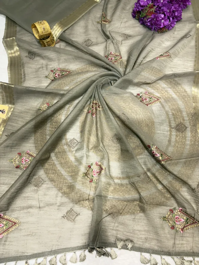 NEELAM TRADERS NEW LAUNCH Partywear saree with kasida butta work all over in cotton fabric with zari weaving border